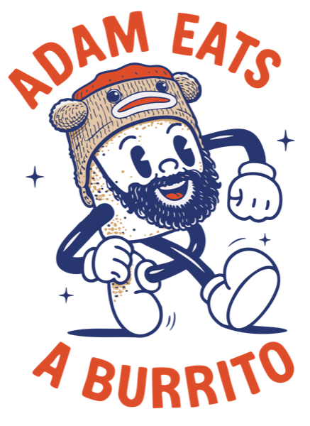 Adam Eats a Burrito logo: a bearded burrito in a knit hat strutting along