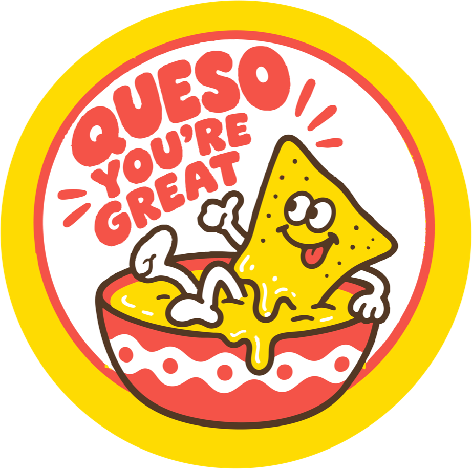 Round yellow-rimmed sticker of a cheerful chip in a red bowl