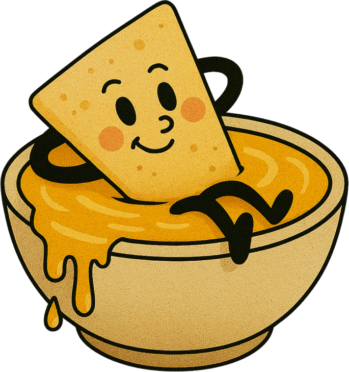 A smiling chip lounging in a bowl of queso