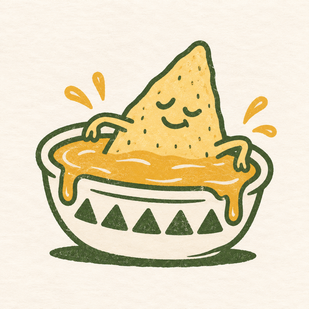 A sleepy tortilla chip relaxing in a bowl of queso