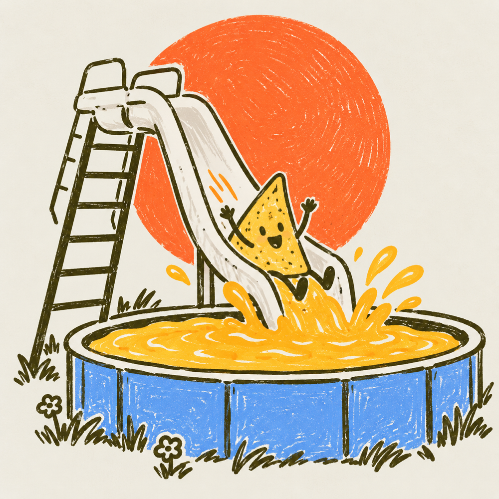 A tortilla chip zooming down a slide into a pool of queso